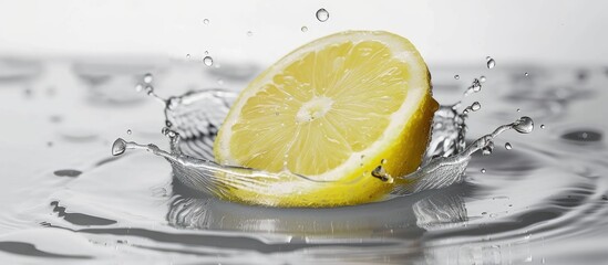 Wall Mural - A slice of lemon is captured mid-air as it falls into clear, fresh water against an isolated white background. The lemon slice creates ripples in the water upon impact.