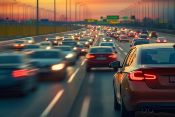 Poster - A busy highway with many cars and a red car in the middle