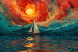 A realistic painting of a sailboat gliding across the ocean waves, surrealism, sunset or sunrise