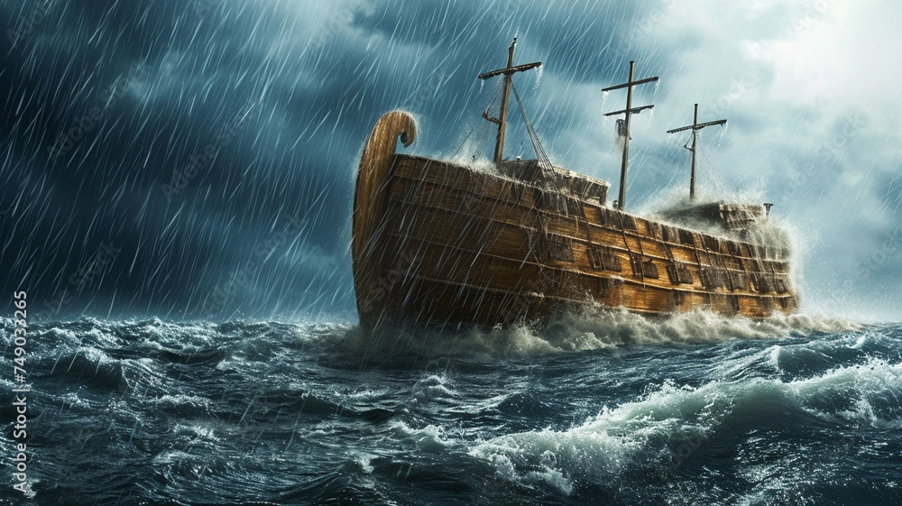 Noah's Ark, animals in the storm, bad weather, rain, sea, boat flood mountain, biblicaly history. bird dove religion story spirituality holy. old man with a beard.