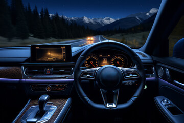 Poster - A car is driving down a road at night with mountains in the background