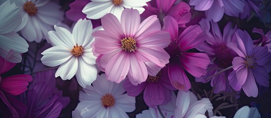 Sticker - A detailed view of a garden cosmos flower surrounded by a bunch of violet and white flowers in a beautiful garden setting. The delicate petals and vibrant colors create a visually striking display.