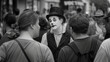 A mime engages with curious onlookers his exaggerated gestures and expressions bringing a touch of whimsy to the busy urban environment.