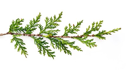 Closeup of green twig of thuja the cypress family on white background