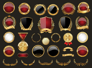 Wall Mural - collection of golden badge shield ribbon and laurels vector illustration collection