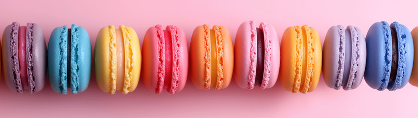 macaroons of bright colors lie in a row horizontally on a light background