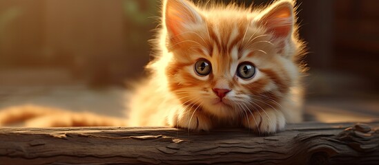 Poster - A tiny kitten is peacefully resting on top of a wooden table, looking adorable as it lets out gentle meows.