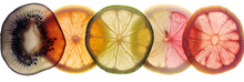 orange, lemon,  kiwi fruits slices arranged on a transparent background