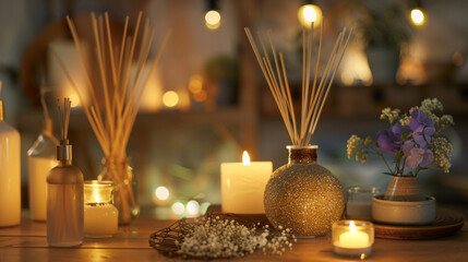 Wall Mural - The sound of soft music and the flickering of candles create a peaceful atmosphere as customers browse the selection of aromatherapy gifts. From essential oil diffusers to