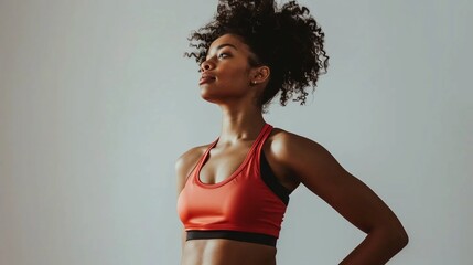 Wall Mural - African American woman in sportswear, dynamic pose on a light background