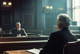 Fototapeta  - Court of justice and legal process public defender presenting case, asking male witness before judge and jury. Multi-ethnic lawyer lawyer protecting client from crime and injustice.Trial in courtroom