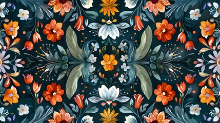 Wall Mural - Collage contemporary orange floral and polka dot shapes seamless pattern