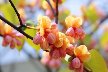 a close up of flowers on a tree