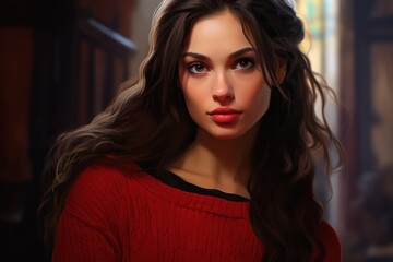 Canvas Print - a woman with long hair wearing a red sweater