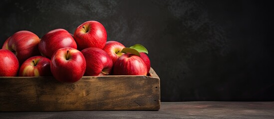 Sticker - A wooden box sits on top of a table, filled with vibrant red apples. The apples are neatly arranged, creating a visually appealing display. The setting is simple yet inviting.