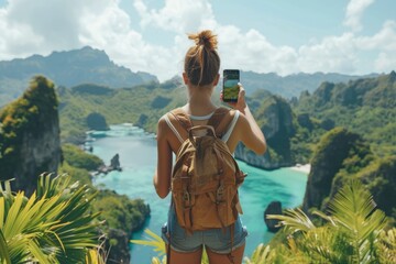 Young woman recording a beautiful landscape with her cell phone. Travel concept, social networks