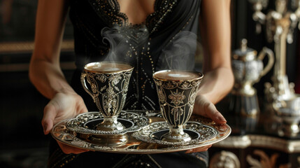 In a lavish traditional setting a server dressed in a sophisticated black dress carries a tray with two ornate cups of steaming coffee. The bold design of the coffee cups