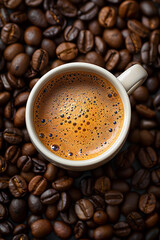 Top view of freshly brewed coffee in a ceramic mug, surrounded by whole beans, depicting a morning caffeine fix