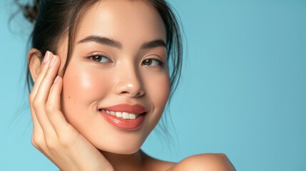 Sticker - Skincare. Woman with beautiful face touching healthy facial skin generative ai