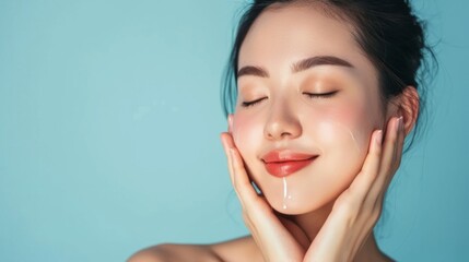 Wall Mural - Skincare. Woman with beautiful face touching healthy facial skin generative ai