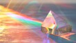 A crystal pyramid refracting light creating a spectrum of colors on a reflective surface