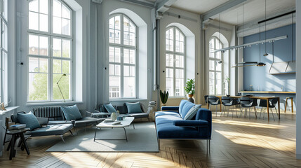 Wall Mural - interior of stylish loft. spacious apartment with large windows. Generative Ai