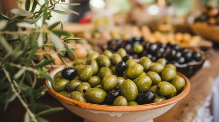 Wall Mural - A plate of green and black olives on the table. generative ai