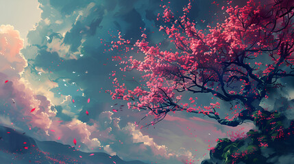 Wall Mural - Artistic Style Drawing Painting of Cherry Blossom Cherry Tree