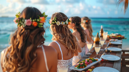 happy bridesmaid on beach side with flower hair accessories on head , beautiful beach view , sea side, destination wedding