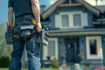 Wall Mural - A man in work attire holding a tool belt stands in front of a house, ready for maintenance work.