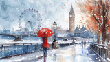 Fototapeta  - people or tourist in uk with red umbrellas in london, bigben, london eye, snowfall, snow weather 