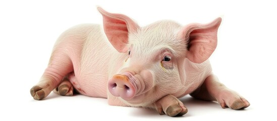 A small pig is laying down on a clean white surface, appearing relaxed. The pigs eyes are closed, and it is breathing calmly.