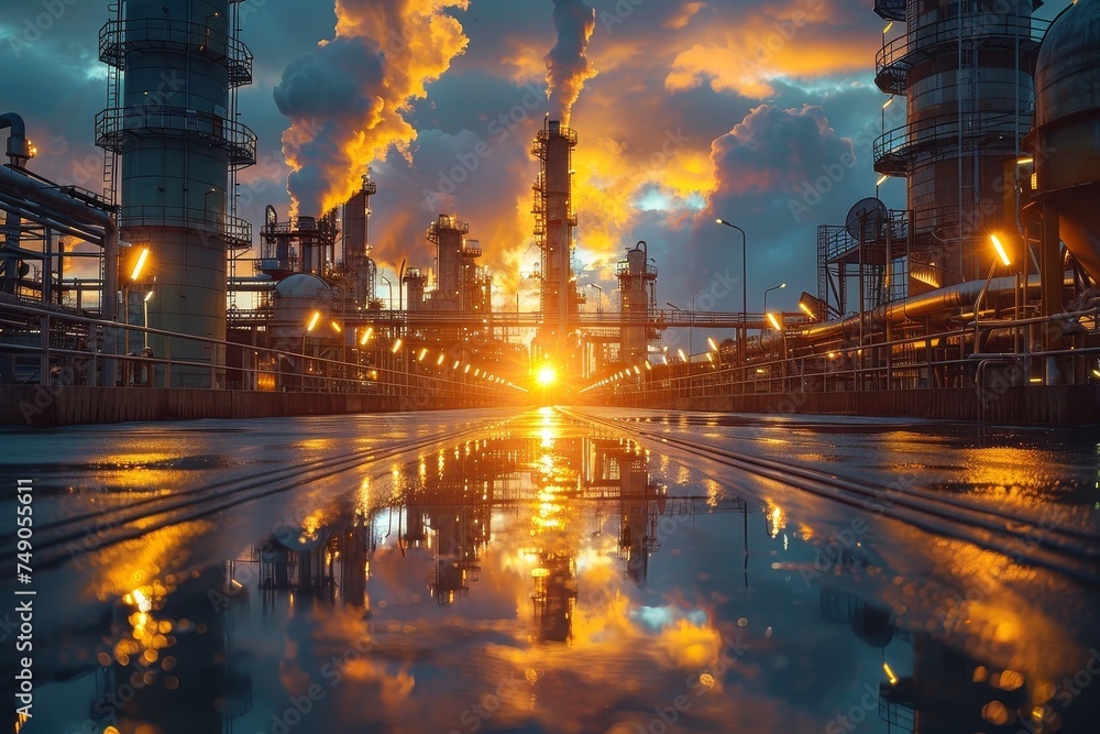 Dramatic sunset sky over an oil refinery with towering smokestacks and ...