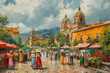 For independence day or cinco de mayo parade. A painting depicting numerous individuals walking around a bustling market, engaging in various activities like shopping and socializing