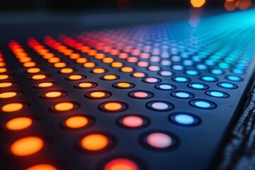 Wall Mural - This high-quality image captures the essence of music production, focusing on the illuminated controls of a DJ mixer