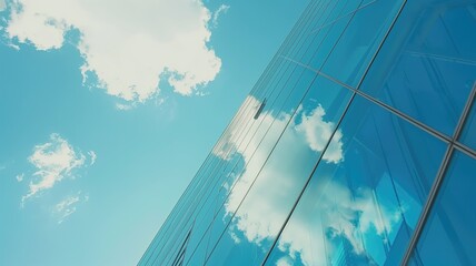 Blue sky and clouds reflecting on the modern glass facade of a high-rise building