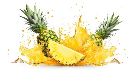 Wall Mural - pineapple slices with pineapple juice splash isolated on transparent background