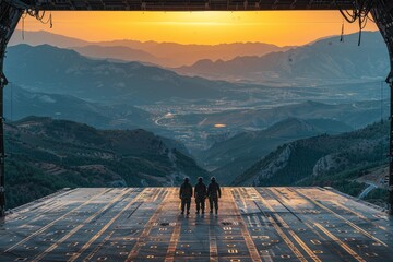 Silhouetted soldiers stand in an aircraft hangar, looking at a distant sunset over mountainous terrain, signifying hope