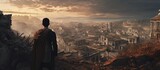 A man stands on top of a cliff, gazing at a city below. The city features ancient ruins and destroyed buildings, offering a glimpse into its historical past. The tourist is immersed in the old citys