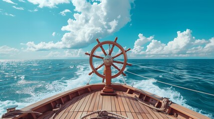 ship wheel on boat with sea and sky. freedom and adventure. direction concept
