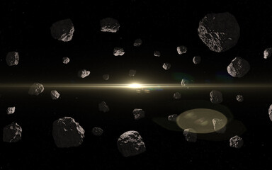 Wall Mural - asteroids in deep outer space and sun. asteroid belt and sun. dark outer space, meteorites or debris
