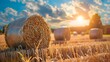 Hay bales in beautiful countryside farm land in sunny day.