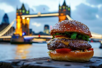 Wall Mural - Sizzling Urban Gastronomy in the Evening: A Culinary Masterpiece Unfolds as a Chef Displays a Succulent Hamburger Against the Majestic Backdrop of London's Tower Bridge Lights and Cityscape.