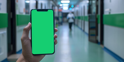 Hand holding a smartphone with greenscreen screen in a hospital