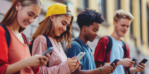 group of teenagerr using smart phones for a school task education or class trip outside and smile