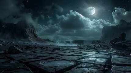 empty stone floor black with background rugged mountain landscape under a moonlit sky, filled with d