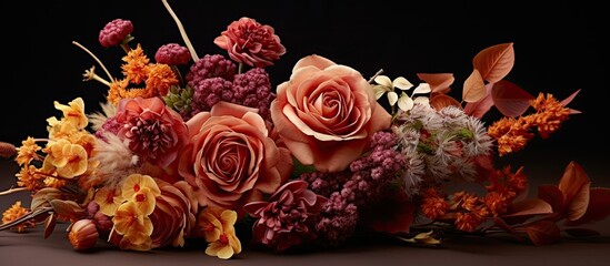 Canvas Print - A variety of fall flowers including roses, statice, and astrantia arranged in a beautiful composition on a table.