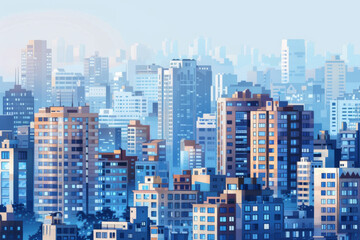  Tall city buildings and houses on horizon. 