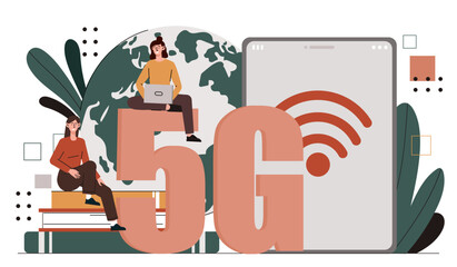 Wall Mural - 5g internet concept. online connection with smartphone. people with wireless internet. modern techno