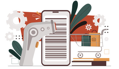 Barcode scanner concept. Smartphone with qrcode reader. Online shopping and electronic commerce. Shortened link. Cashless payment. Marketing and retail. Cartoon flat vector illustration